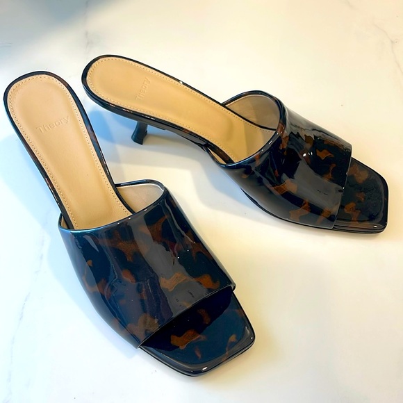 THEORY Shoes - NEW Theory Black/Brown. Made In Italy.  Patent Leather Low Heel Mules.